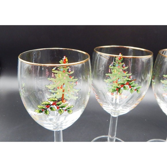Spode Christmas Tree Wine Water Glasses Goblets Gold Trim 7-1/2 Inch Set of 4 - Picture 4 of 13
